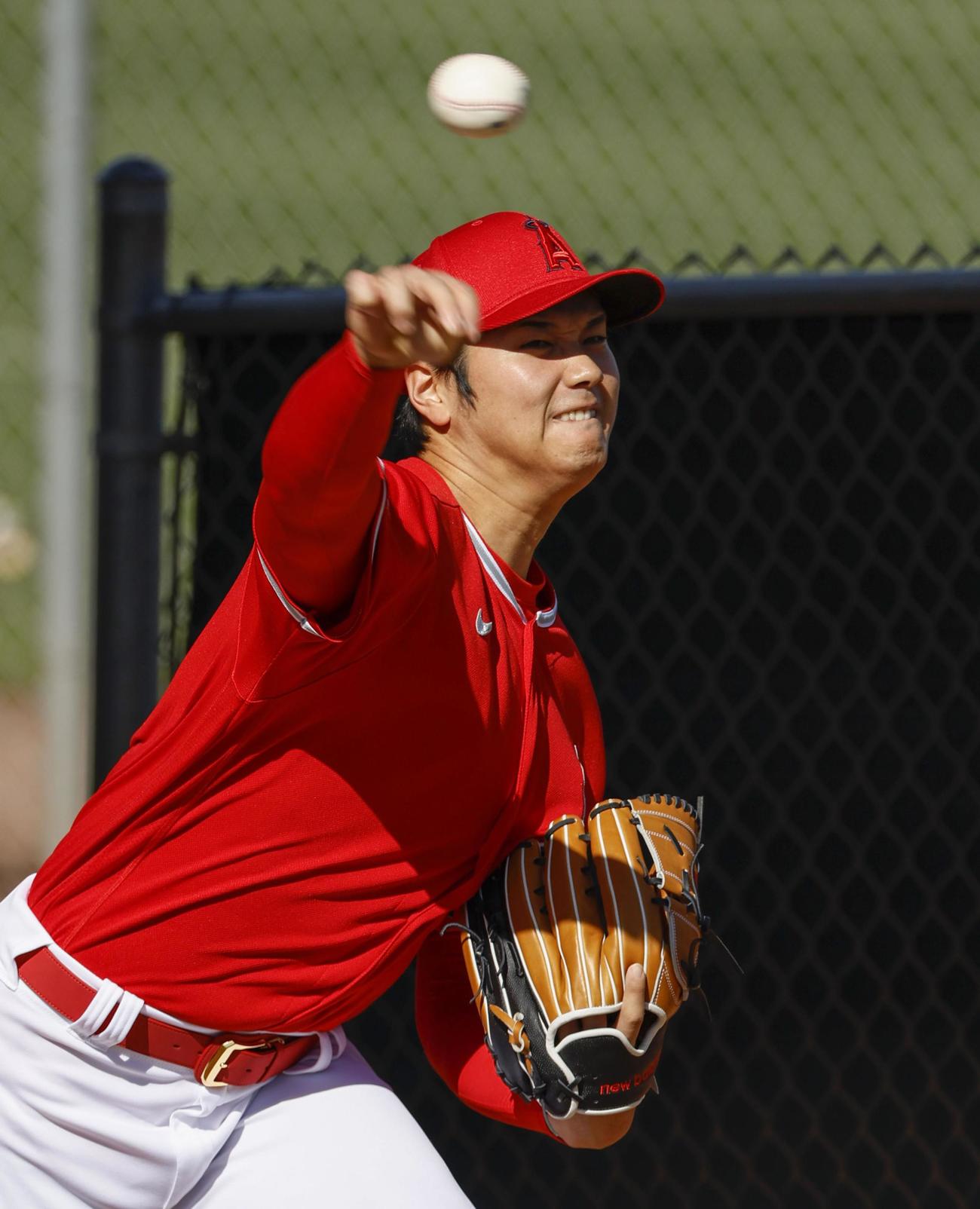 ブルペンで投球練習するエンゼルス大谷翔平（共同）