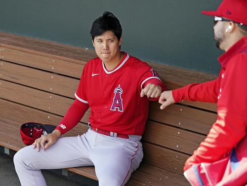 試合前にタッチを交わすエンゼルス大谷（共同）