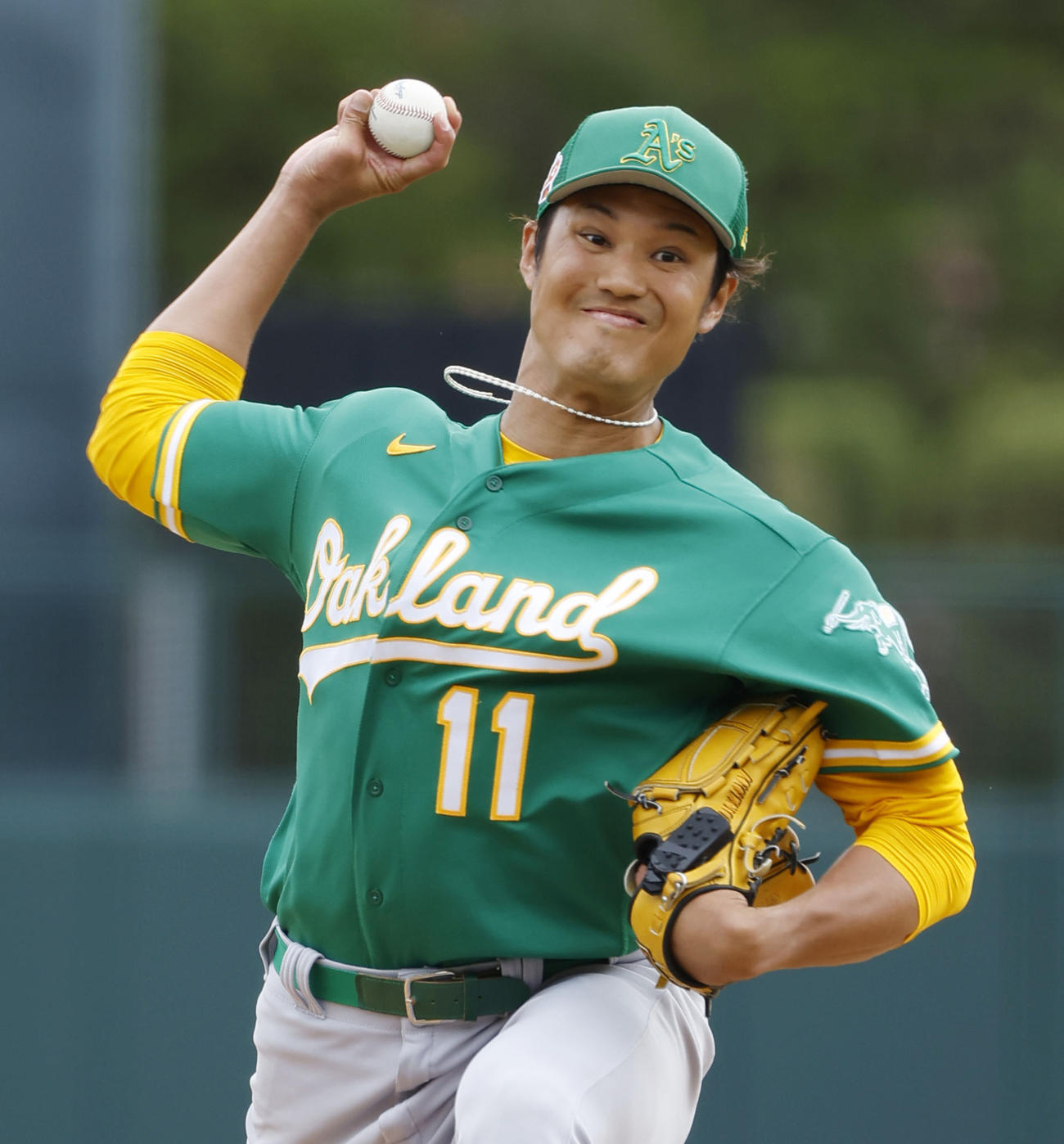 ドジャース戦に先発し、4回2／3を1失点で勝利投手になったアスレチックス藤浪（共同）