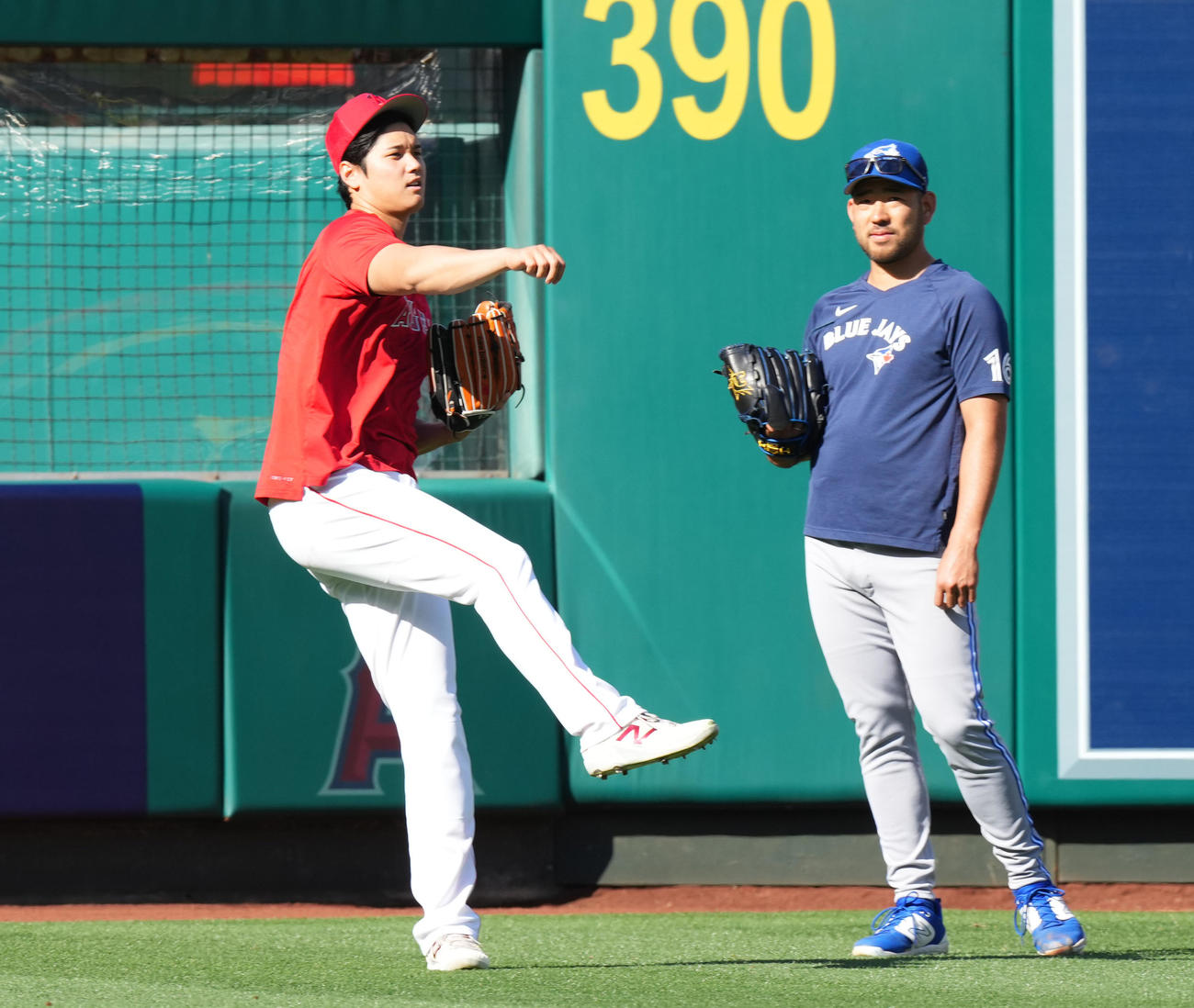 エンゼルス対ブルージェイズ　試合前、ブルージェイズ菊池（右）と話すエンゼルス大谷（撮影・菅敏）