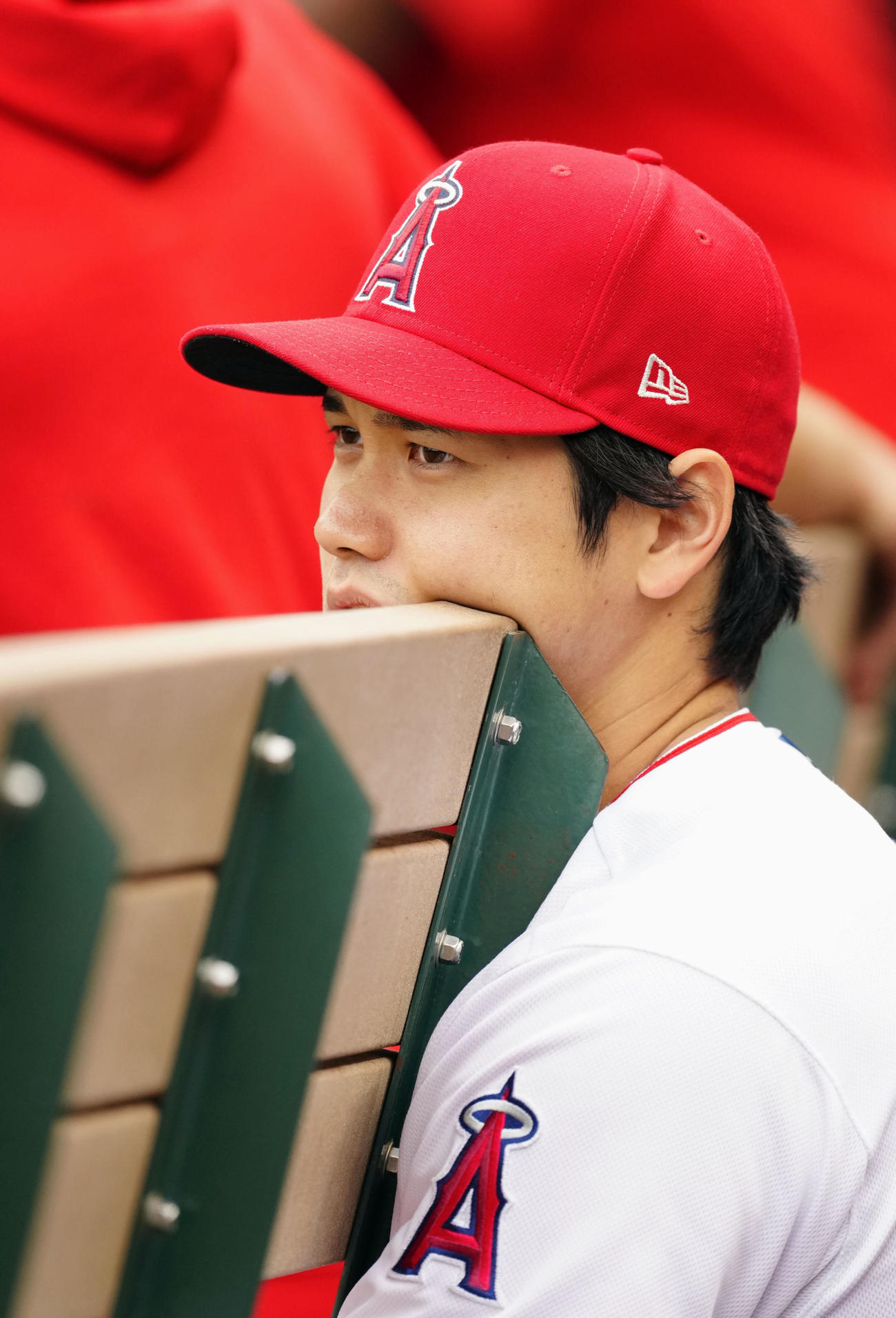 ナショナルズ戦で、ベンチから試合を見守る大谷翔平。この試合は出場しなかった（共同）