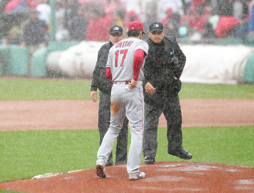 レッドソックス対エンゼルス 2回の投球を前に突然雨が降り出し、審判と話す大谷(撮影・菅敏)