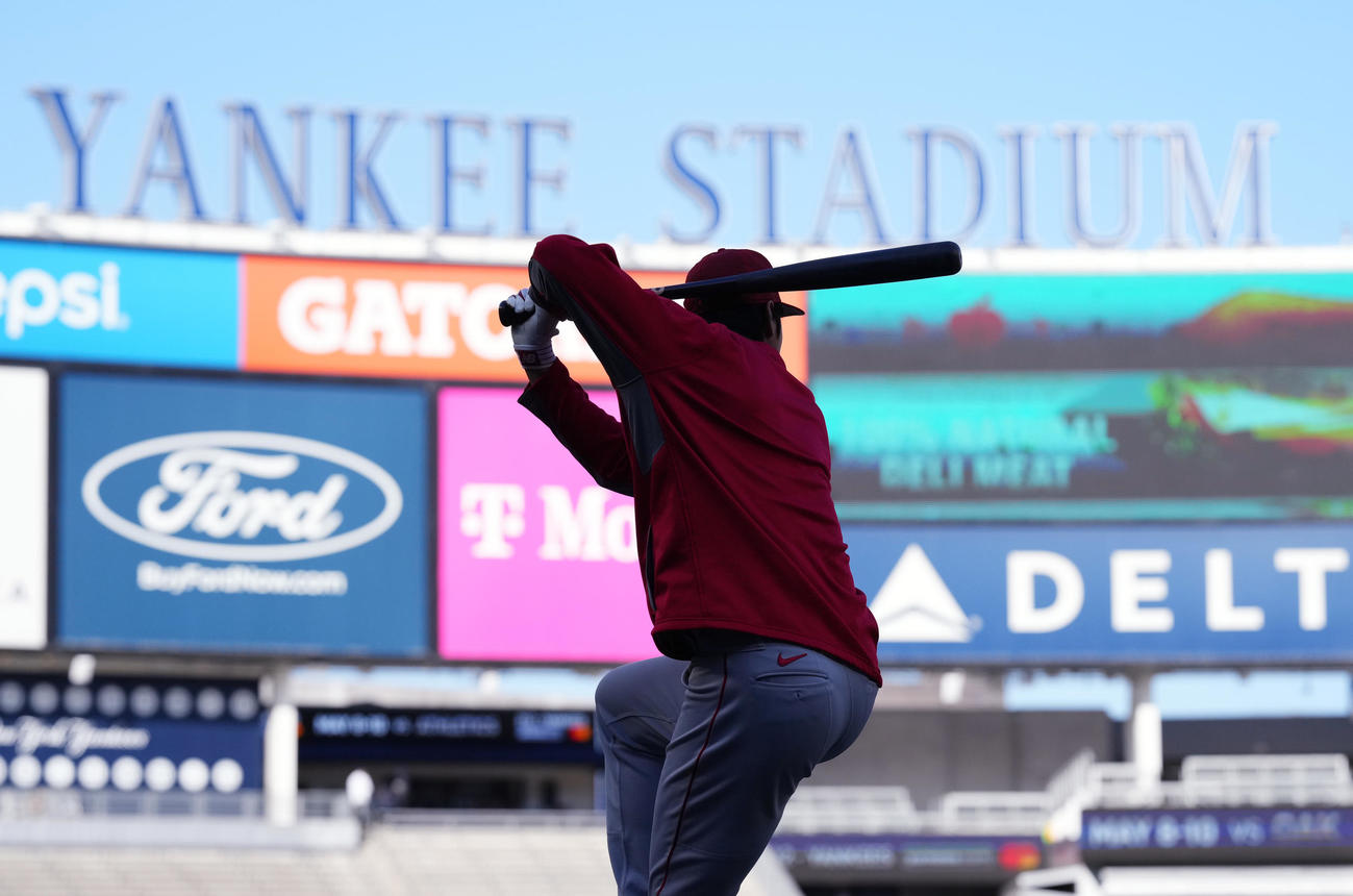 ヤンキース対エンゼルス　試合前、打撃練習をするエンゼルス大谷（撮影・菅敏）