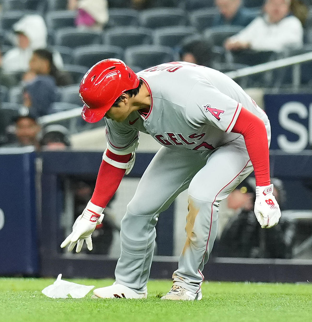 ヤンキース対エンゼルス　7回表エンゼルス1死一塁、右飛に倒れベンチに戻る大谷は、フィールドに飛んできた紙を拾う（撮影・菅敏）
