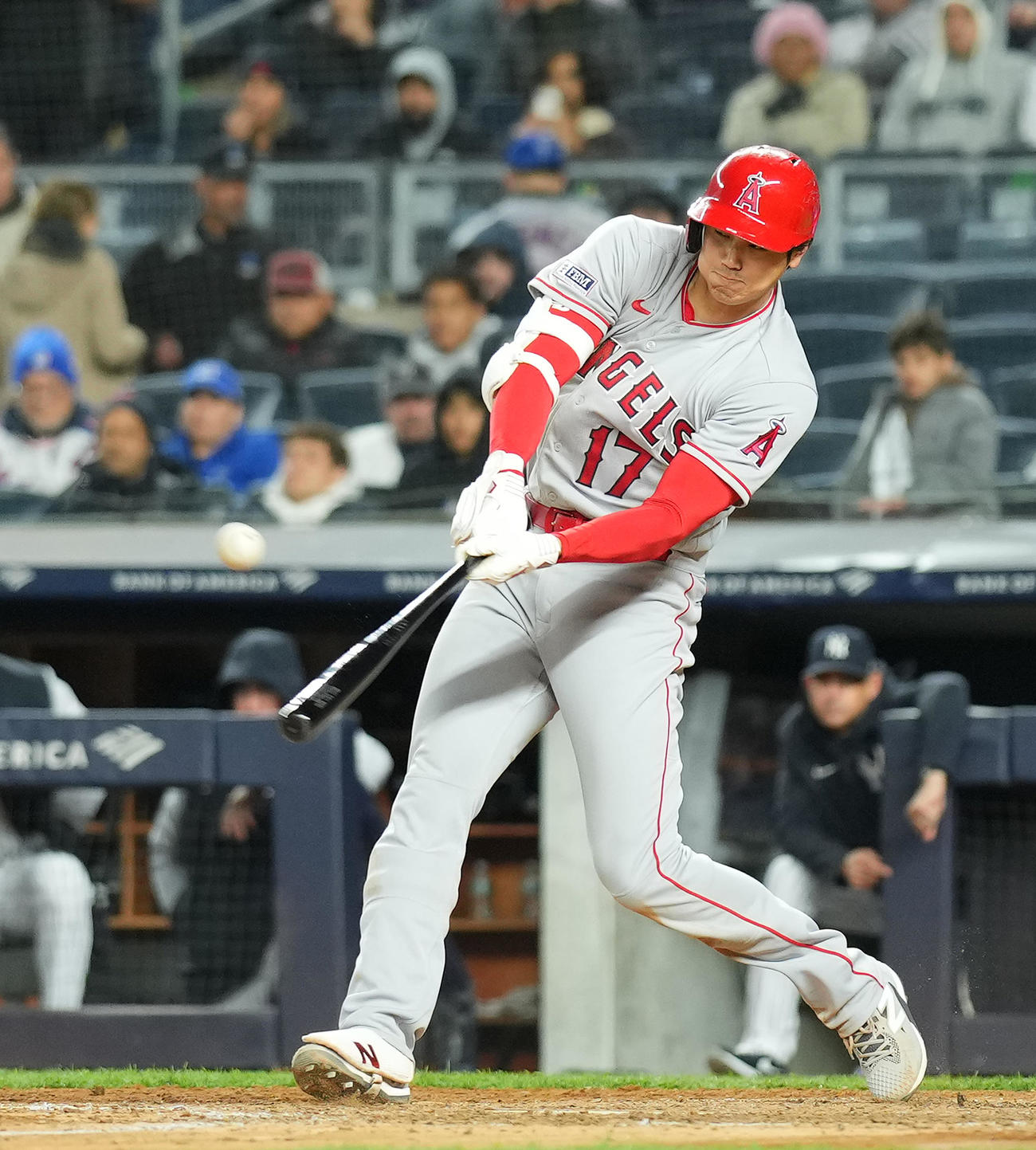 ヤンキース対エンゼルス　7回表エンゼルス1死一塁、右飛に倒れる大谷（撮影・菅敏）