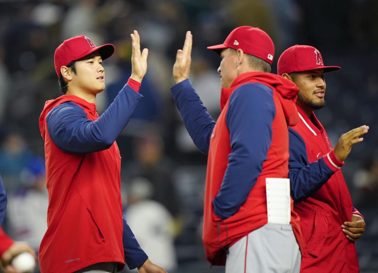ヤンキースに勝利し、タッチを交わす大谷翔平（共同）