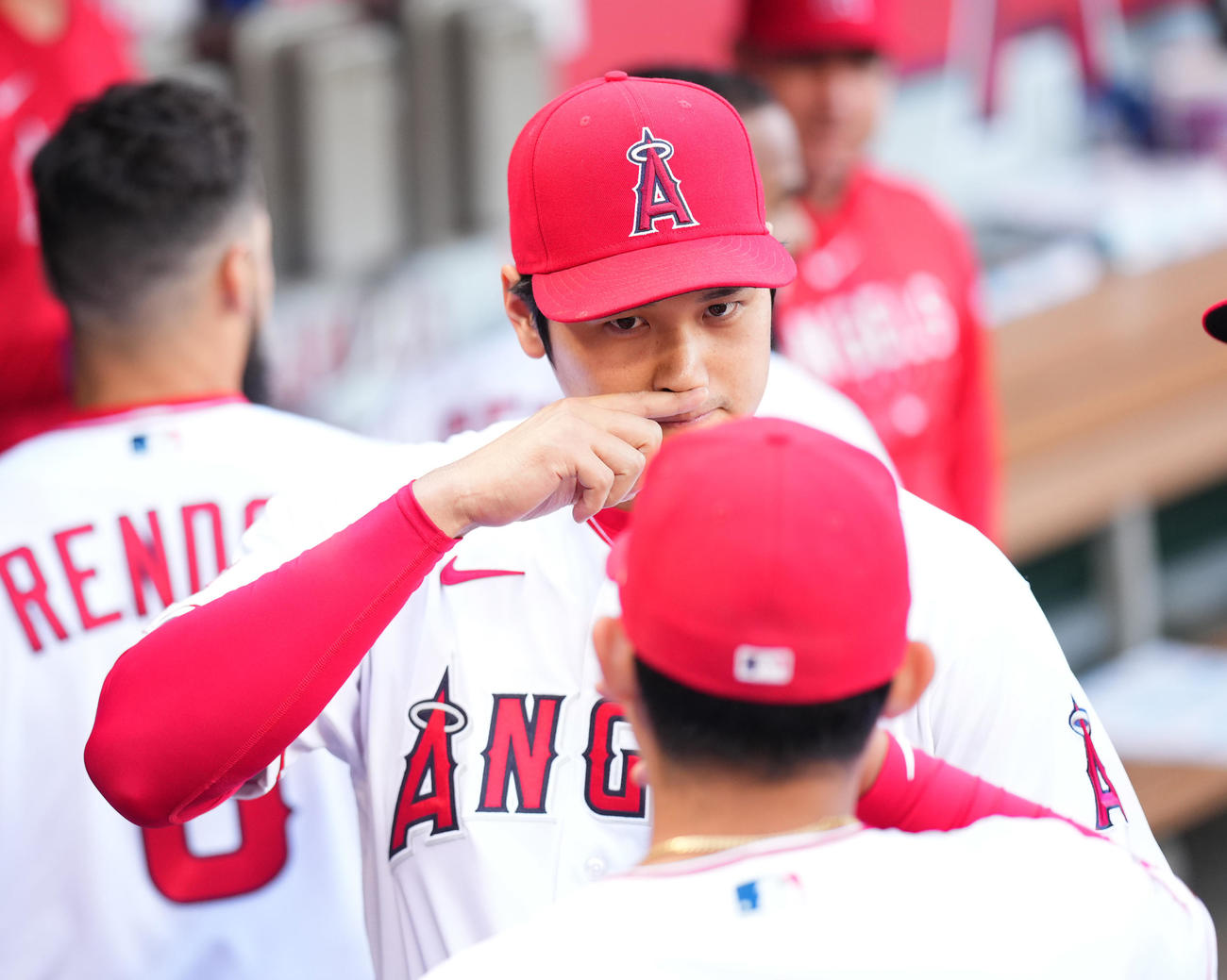 エンゼルス対ロイヤルズ　試合開始前、ベンチで気合を入れるエンゼルス大谷（撮影・菅敏）