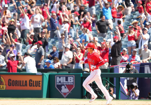 エンゼルス対ロイヤルズ　6回裏エンゼルス無死、中越えにソロ本塁打を放ち、大歓声を送るファンを横目にダイヤモンドを回る大谷（撮影・菅敏）