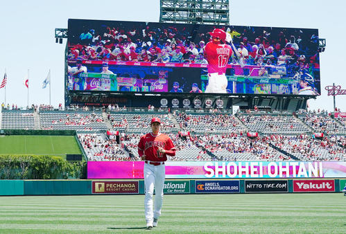 エンゼルス対ロイヤルズ　試合前、3番DHで紹介する電光掲示板を背にアップをするエンゼルス大谷（撮影・菅敏）