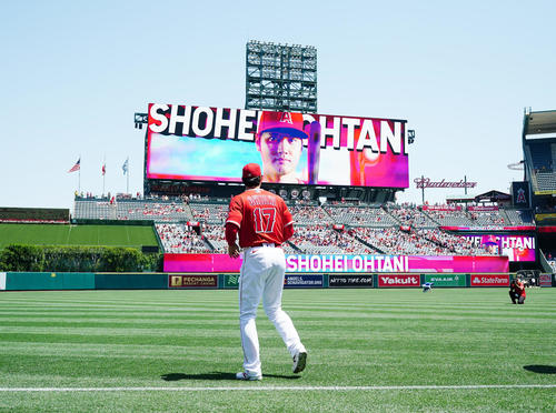 エンゼルス対ロイヤルズ　試合前、3番DHで紹介する電光掲示板を前にアップをするエンゼルス大谷（撮影・菅敏）