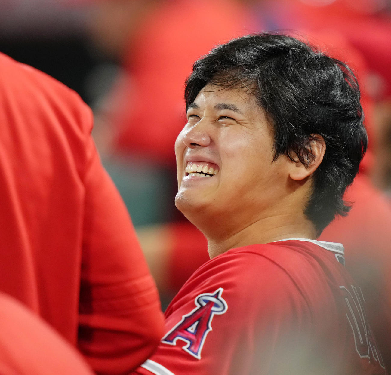 エンゼルス対アスレチックス　試合中、ベンチでナインと話すエンゼルス大谷（撮影・菅敏）