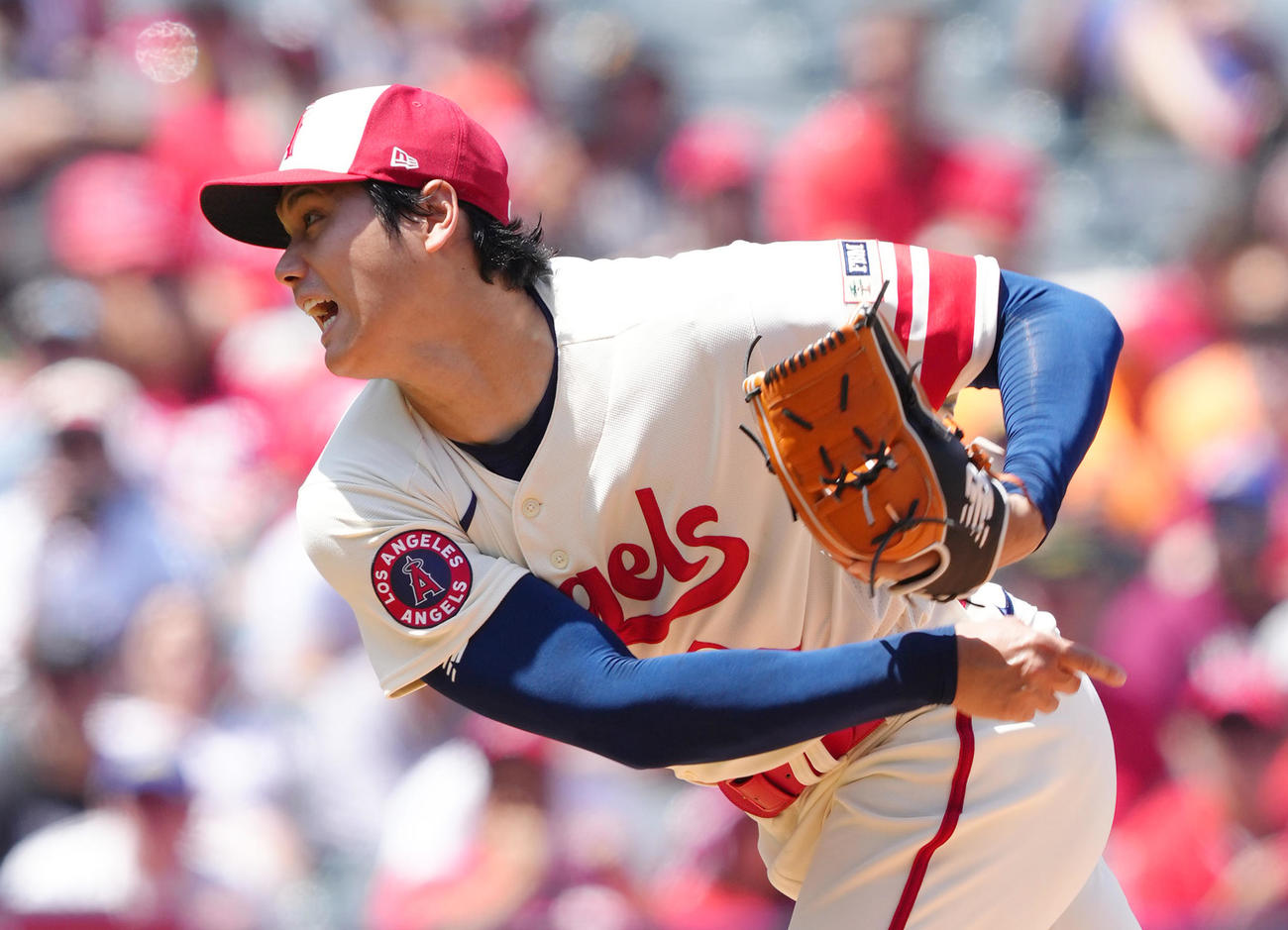 アスレチックス戦に先発し、6回を2本塁打を含む3安打5失点で今季4勝目を挙げたエンゼルス大谷（撮影・菅敏）