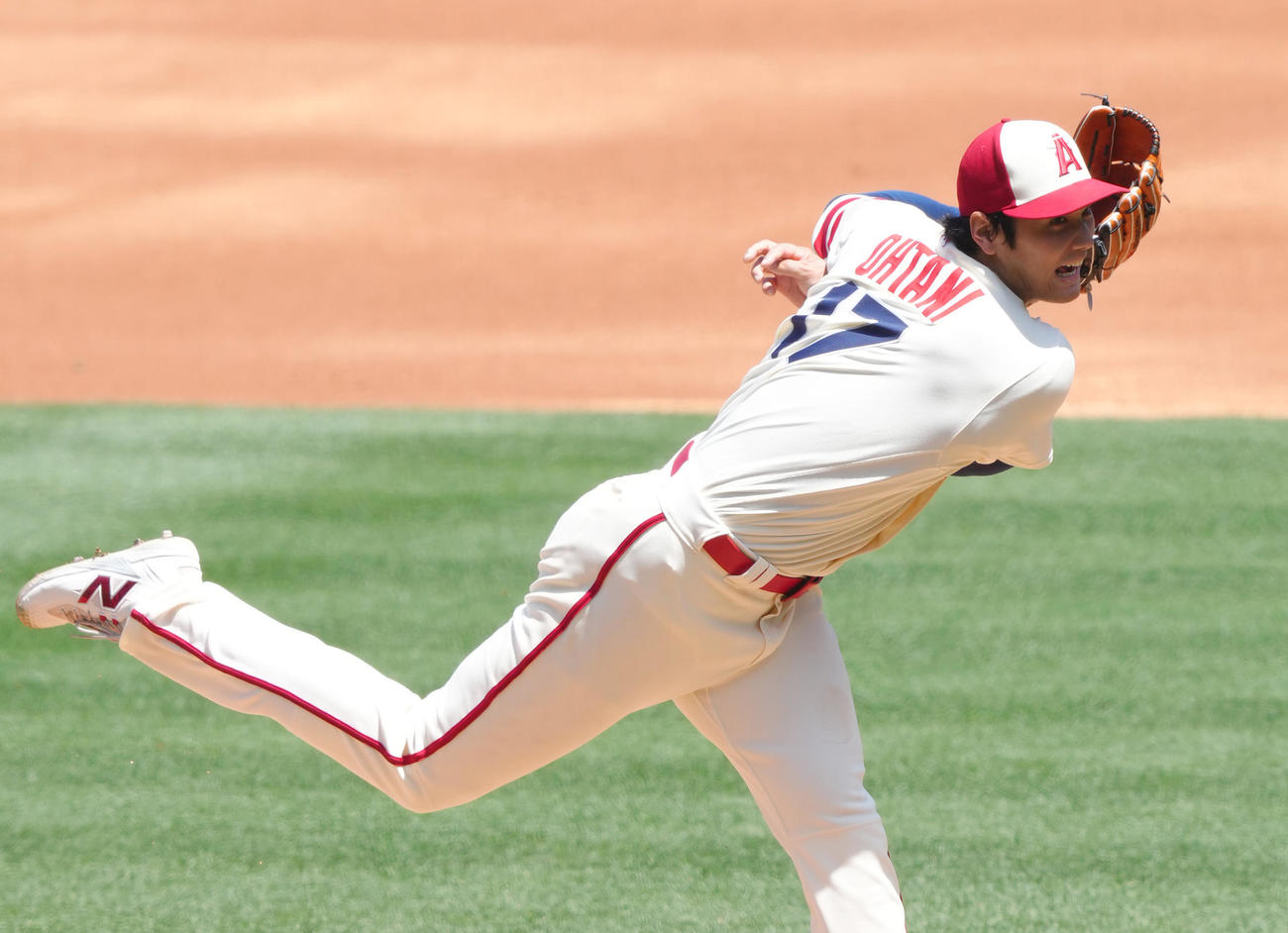 アスレチックス戦に先発し、6回を2本塁打を含む3安打5失点で今季4勝目を挙げたエンゼルス大谷（撮影・菅敏）