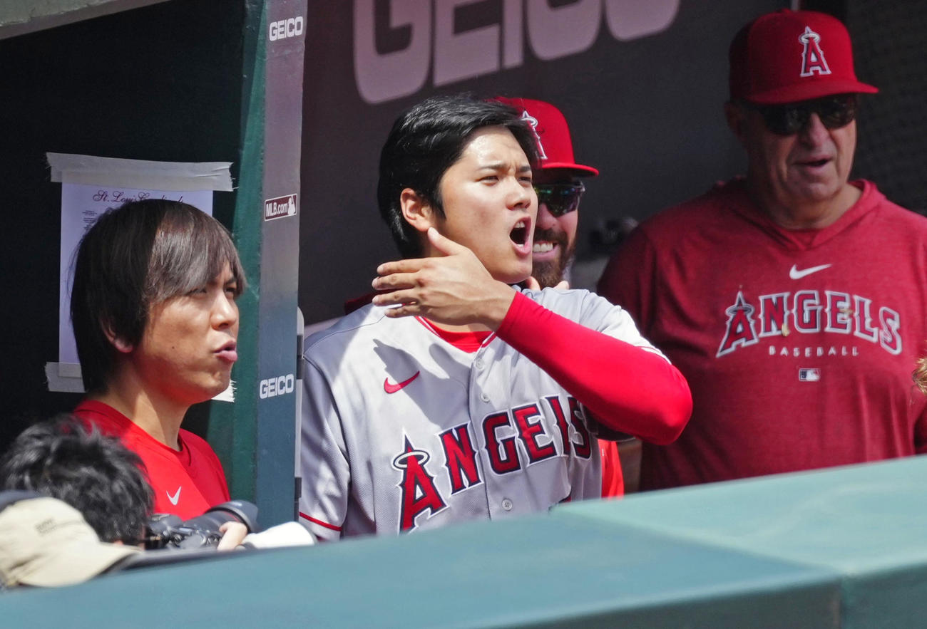 カージナルス戦の3回、追加点が入りベンチから声を出すエンゼルス・大谷（共同）