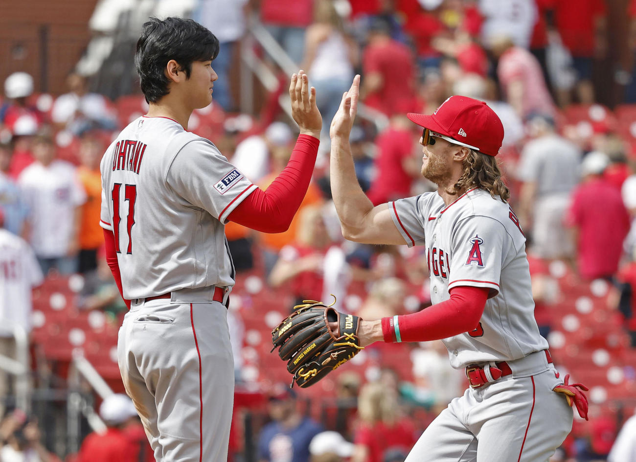カージナルスに勝利し、フィリップス（右）とタッチを交わすエンゼルス・大谷翔平（共同）