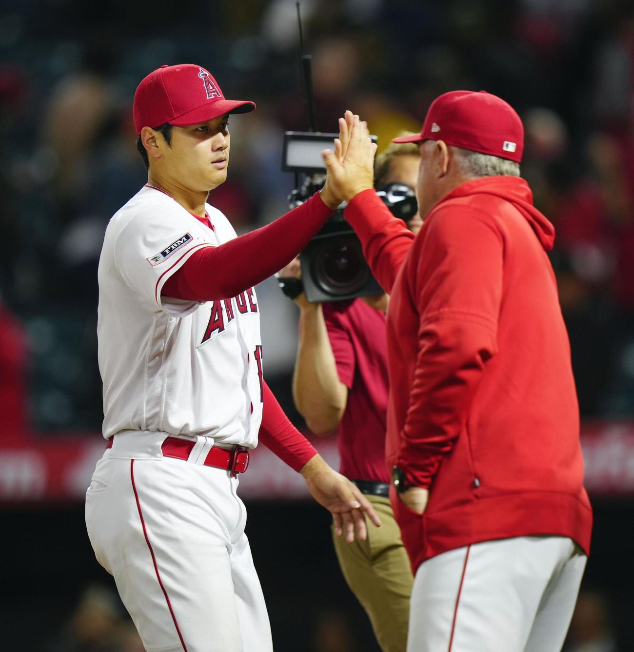 アストロズに勝利し、ネビン監督（右）とタッチを交わすエンゼルス・大谷＝アナハイム（共同）