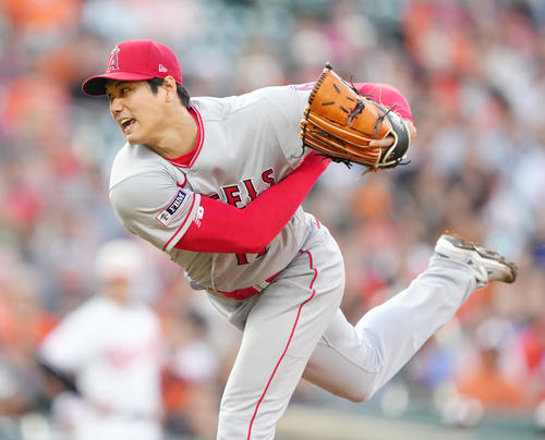 オリオールズ対エンゼルス　エンゼルス先発の大谷（撮影・菅敏）