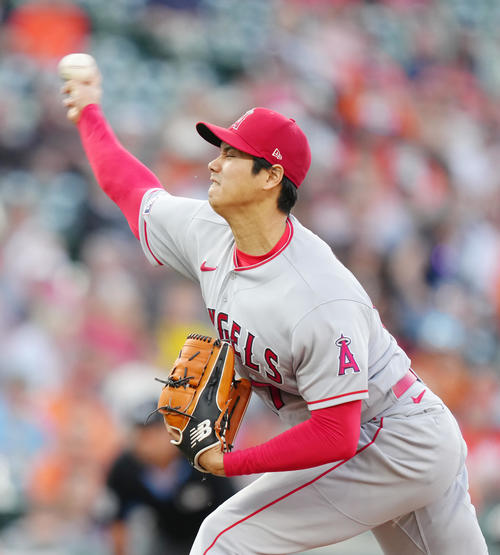 オリオールズ対エンゼルス　エンゼルス先発の大谷（撮影・菅敏）