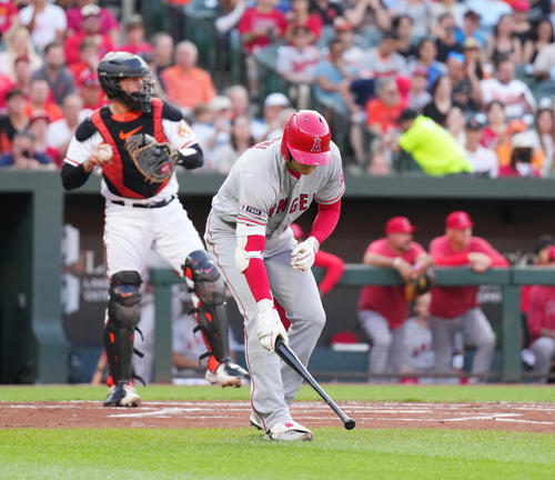 オリオールズ対エンゼルス　1回表エンゼルス2死、四球を選ぶ大谷（撮影・菅敏）