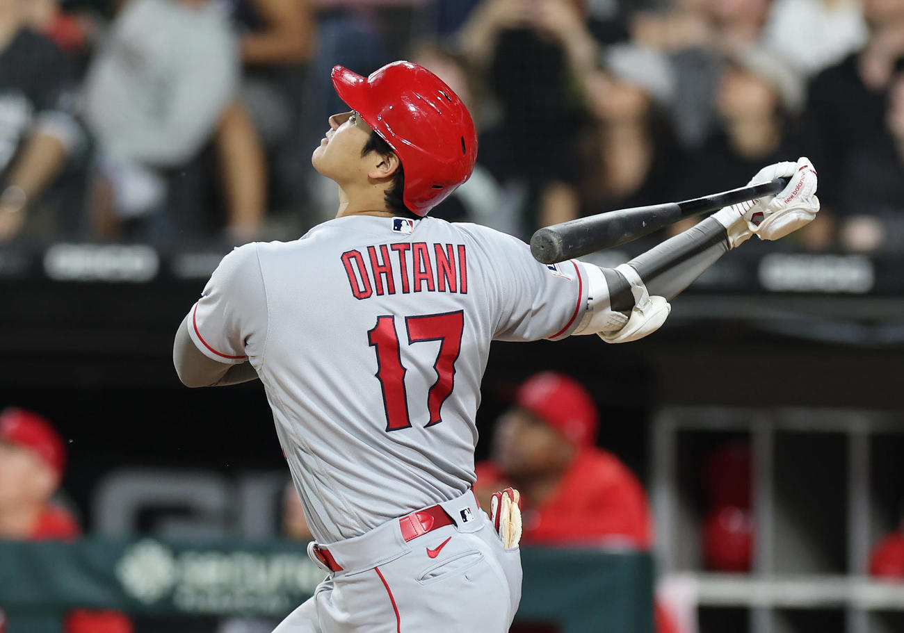 ホワイトソックス対エンゼルス　5回表エンゼルス2死、右飛に倒れる大谷（撮影・前田充）