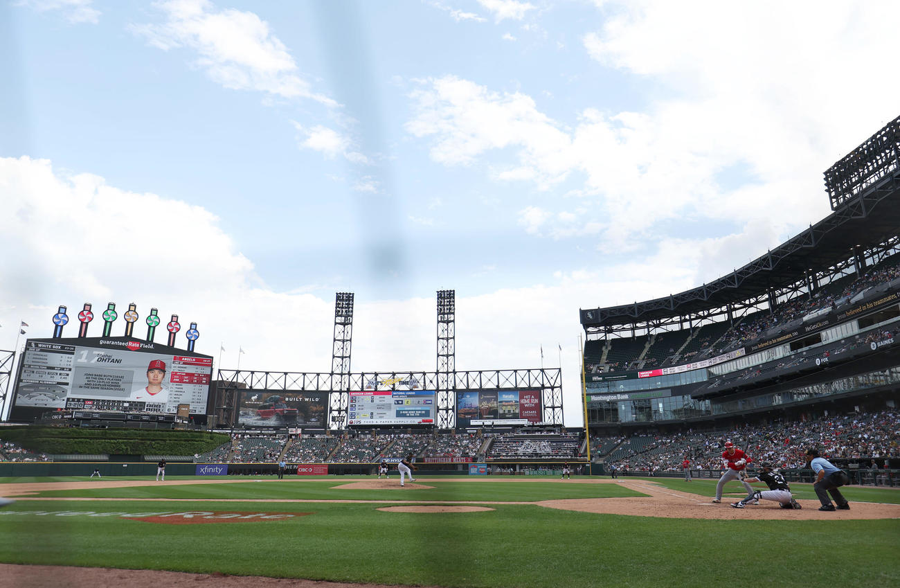 ホワイトソックス対エンゼルス　7回表エンゼルス無死、四球を選ぶ大谷（撮影・前田充）