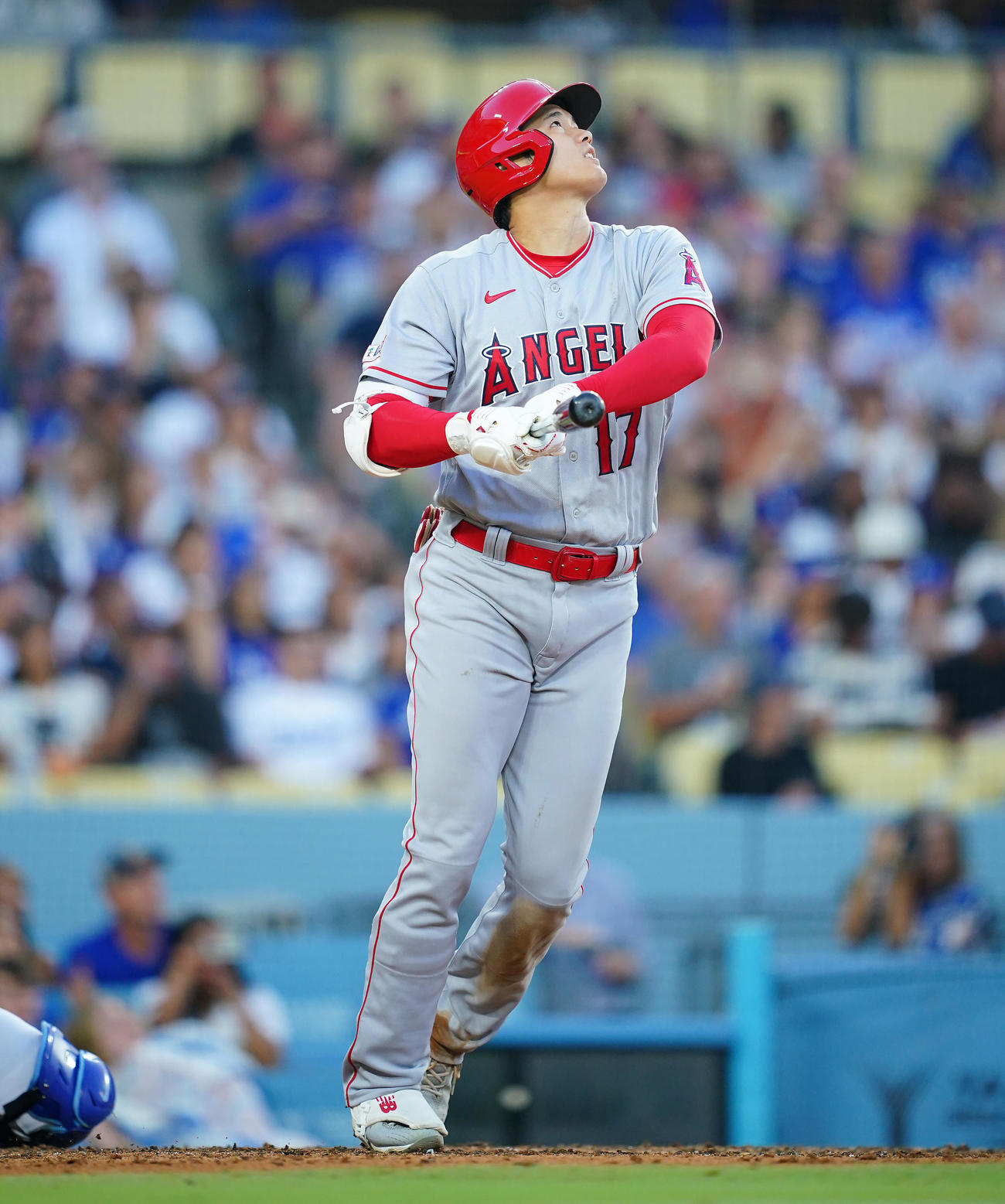 ドジャース対エンゼルス　6回表エンゼルス無死、中飛に倒れる大谷（撮影・垰建太）
