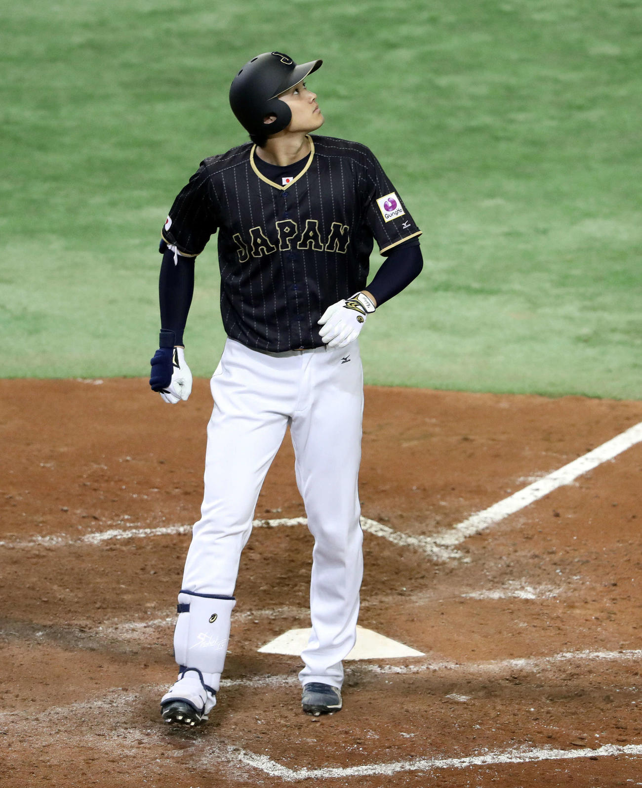 日本対オランダ　7回表日本無死、代打大谷は天井方向への大飛球を放つが、審判の判定が出ないため本塁までとりあえず到達し、打球方向を見上げる（2016年11月13日撮影）