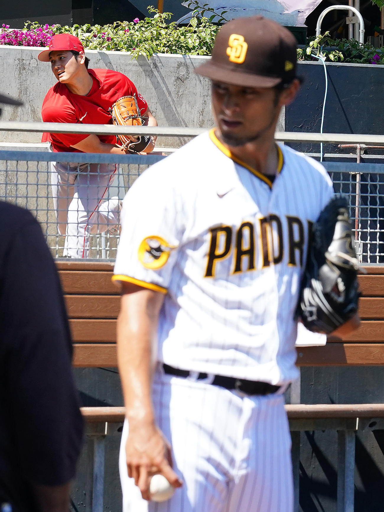 パドレス対エンゼルス　試合前、ブルペンで並んで投球練習するエンゼルス大谷（後方）とパドレスのダルビッシュ（撮影・垰建太）