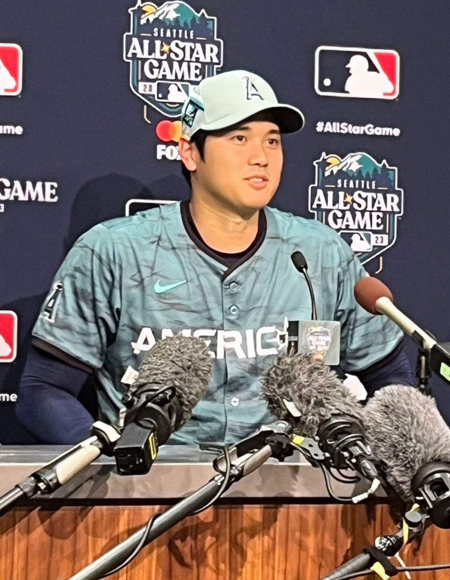 オールスター戦の出場を終え、記者会見するエンゼルス・大谷＝11日、シアトル（共同）