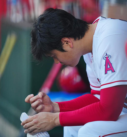 エンゼルス対アストロズ 試合前、ベンチで右手中指のツメを見つめるエンゼルス大谷(撮影・垰建太)