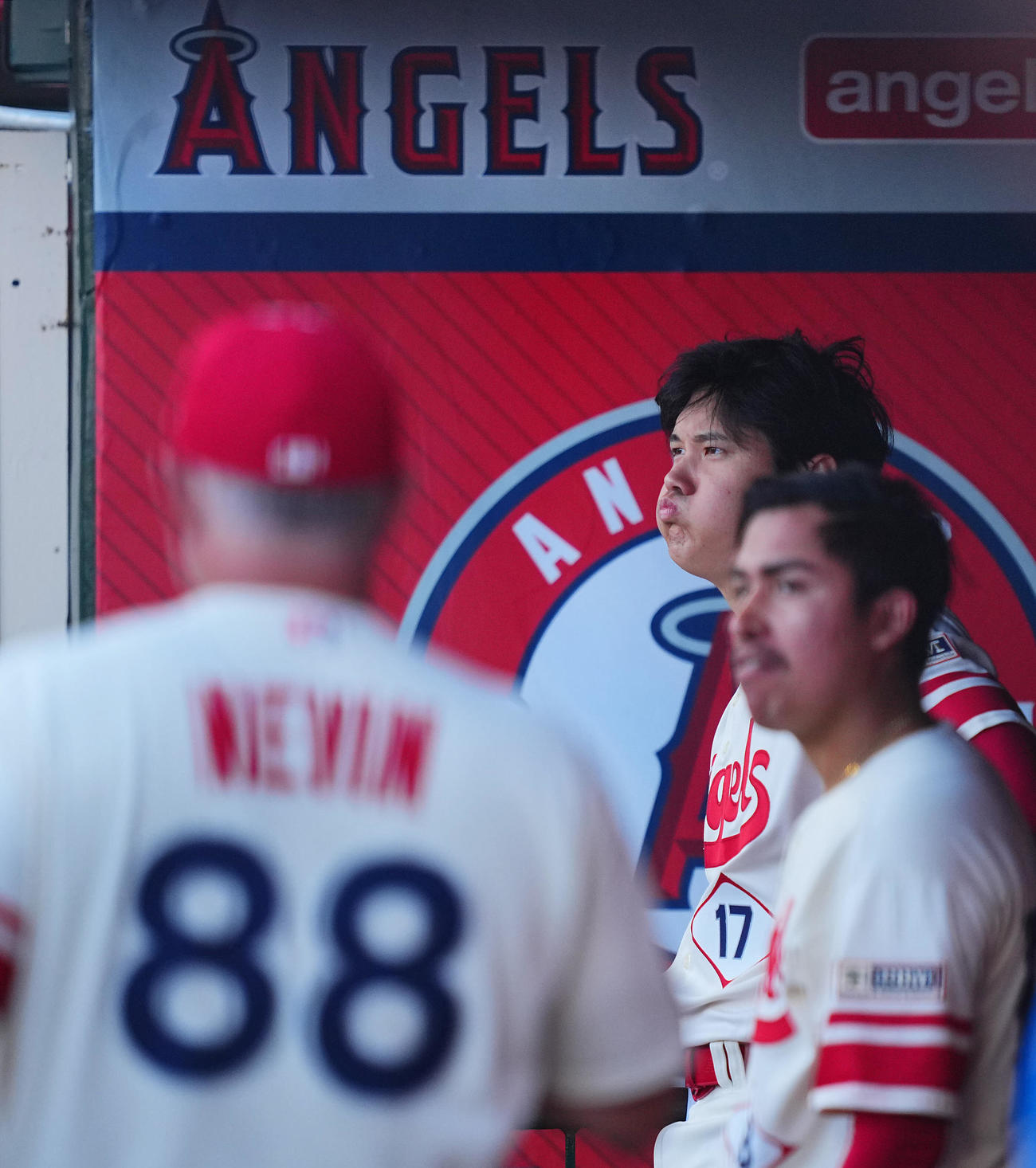 エンゼルス対アストロズ　ベンチで水を口に含み厳しい表情のエンゼルス大谷（撮影・垰建太）