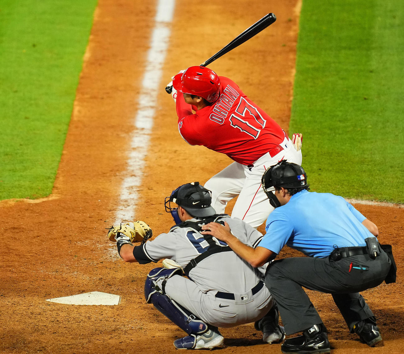 エンゼルス対ヤンキース　9回裏エンゼルス無死、空振り三振に倒れる大谷（撮影・垰建太）