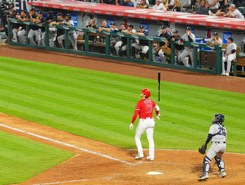 エンゼルス対ヤンキース　7回裏エンゼルス2死一塁、2点本塁打を放ち豪快にバットを放り投げる大谷（撮影・垰建太）