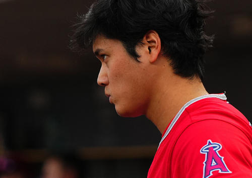 タイガース対エンゼルス　ベンチからタイガース先発のロドリゲスの投球をじっと見つめるエンゼルス大谷（撮影・垰建太）