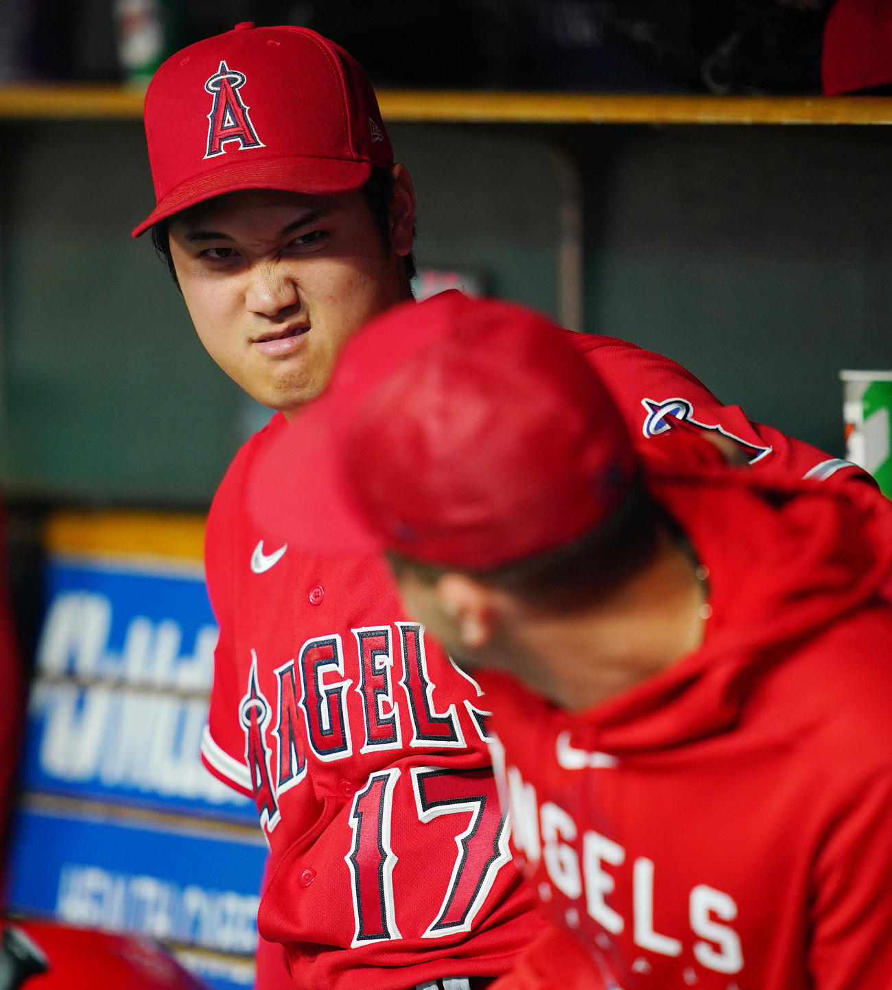 25日、タイガース対エンゼルス　ベンチでエンゼルス大谷（左）はネトとさまざまな表情を見せながら談笑する（撮影・垰建太）