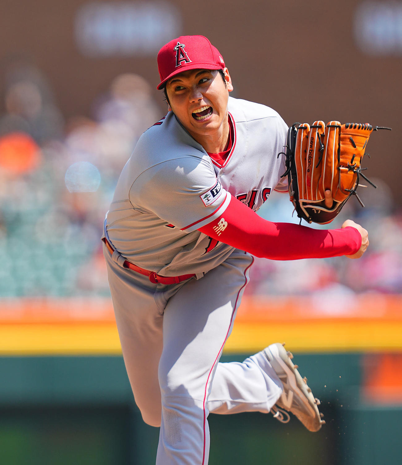 タイガース対エンゼルス・第1試合　声を上げて力投するエンゼルス先発の大谷（撮影・垰建太）