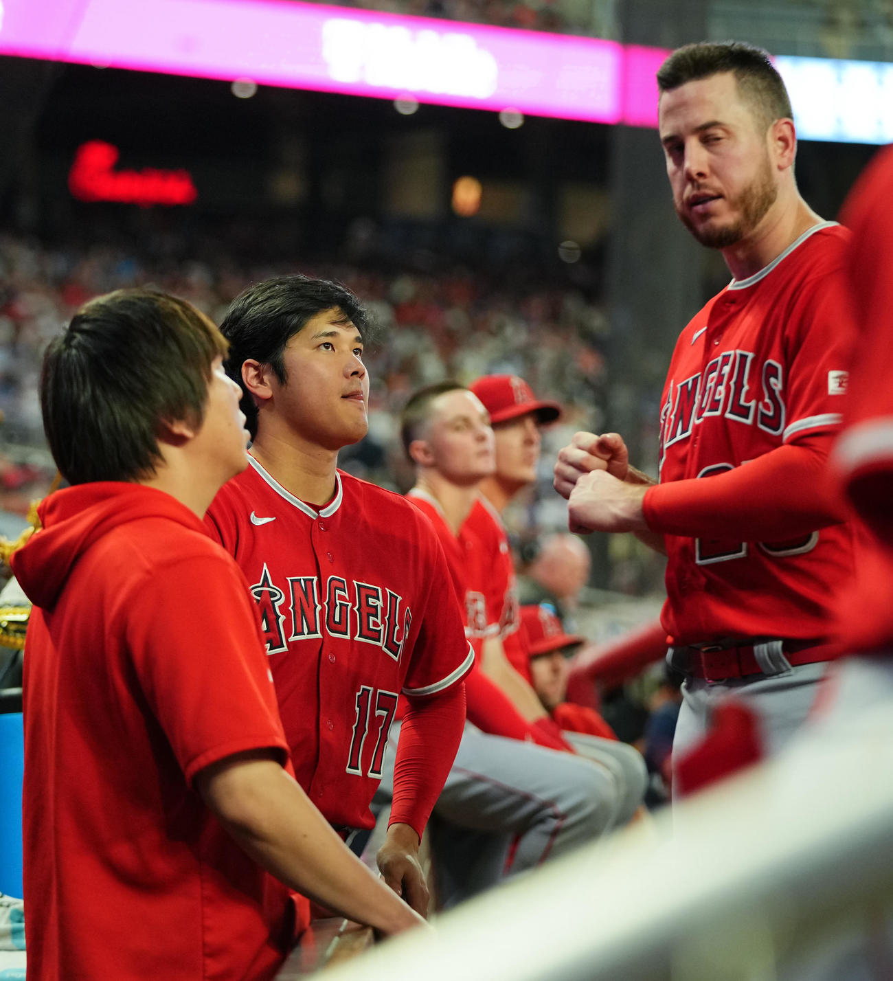ブレーブス対エンゼルス　ベンチでエンゼルス大谷（中央）は水原通訳（左）を交えクロンと話す（撮影・垰建太）