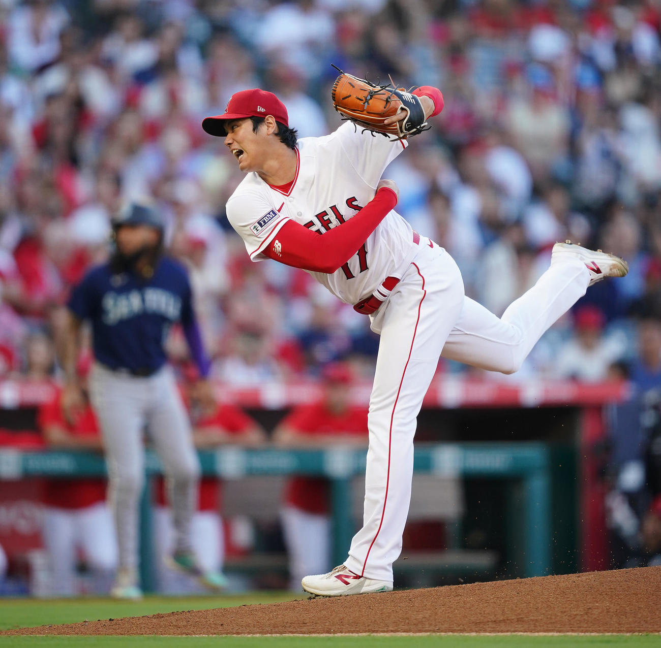 エンゼルス対マリナーズ　力投するエンゼルス先発の大谷（撮影・垰建太）