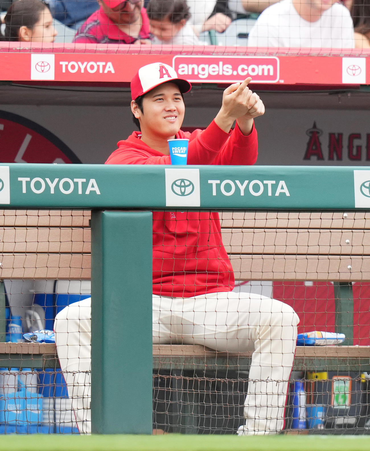 エンゼルス対タイガース　試合中、一塁ベンチのタイガース・カブレラとジェスチャーを交えて会話するエンゼルス大谷（撮影・菅敏）