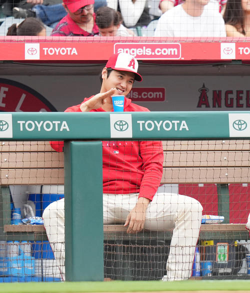 エンゼルス対タイガース　試合中、一塁ベンチのタイガース・カブレラとジェスチャーを交えて会話するエンゼルス大谷（撮影・菅敏）