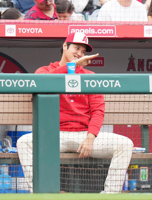 エンゼルス対タイガース　試合中、一塁ベンチのタイガース・カブレラとジェスチャーを交えて会話するエンゼルス大谷（撮影・菅敏）