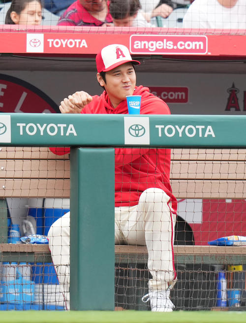 エンゼルス対タイガース　試合中、一塁ベンチのタイガース・カブレラとジェスチャーを交えて会話するエンゼルス大谷（撮影・菅敏）