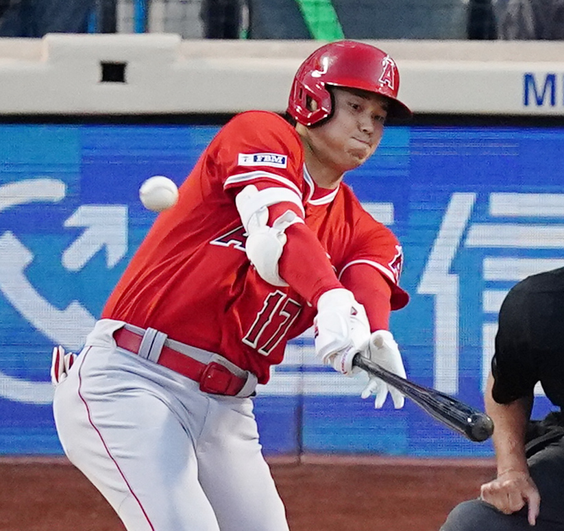 26日メッツ戦、右翼席に特大のファウルを放つ大谷（撮影・菅敏）