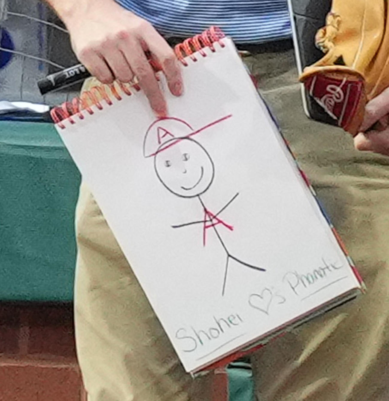 フィリーズ対エンゼルス　試合前、球団マスコットのファナティックが描いた大谷の似顔絵（撮影・菅敏）