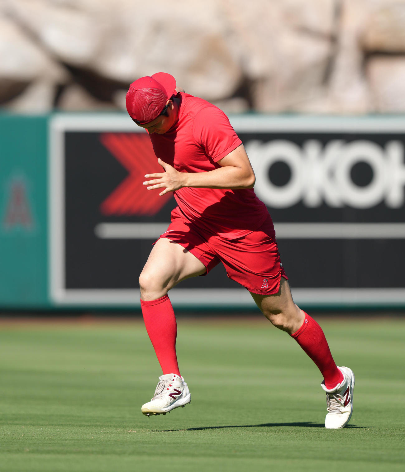エンゼルス対ガーディアンズ　試合前、フィールドで体を動かすエンゼルス大谷（撮影・菅敏）