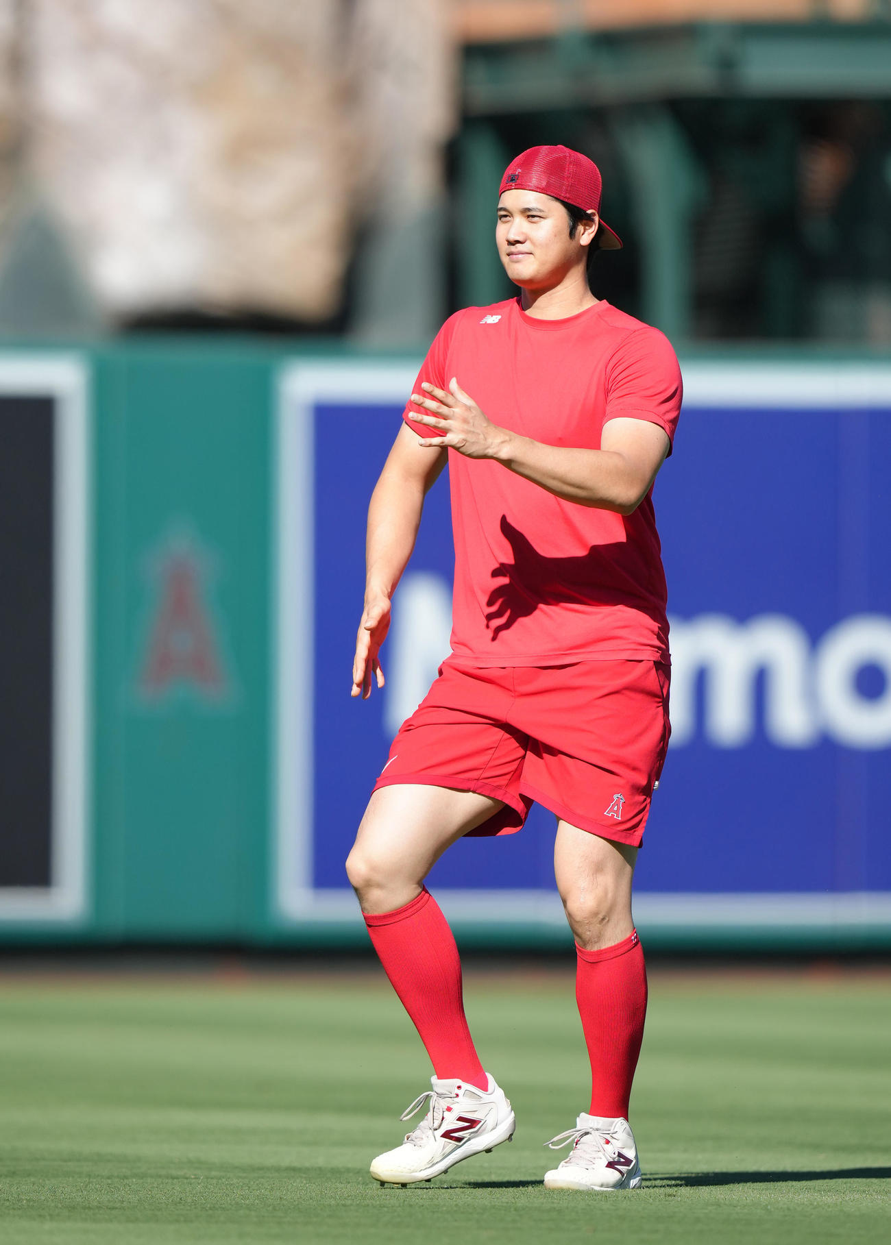 エンゼルス対ガーディアンズ　試合前、フィールドで体を動かすエンゼルス大谷は、ナインに向かっておどける（撮影・菅敏）
