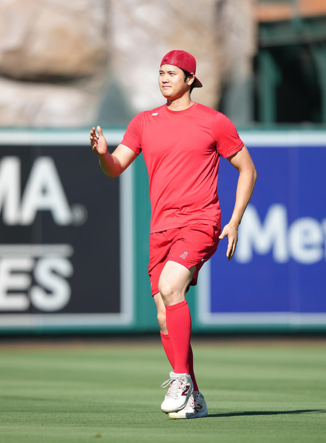 エンゼルス対ガーディアンズ　試合前、フィールドで体を動かすエンゼルス大谷は、ナインに向かっておどける（撮影・菅敏）