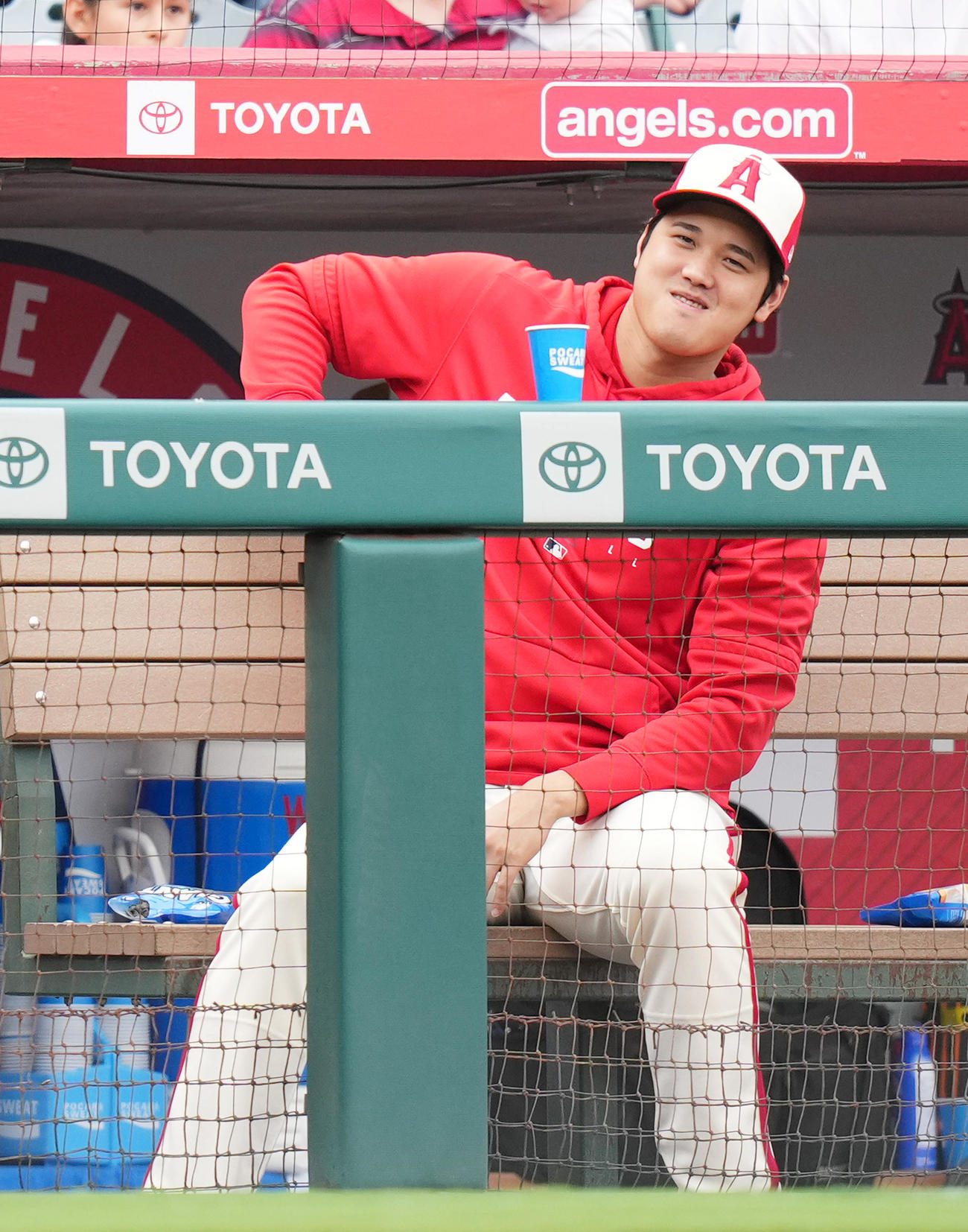 エンゼルス対タイガース　試合中、一塁ベンチのタイガース・カブレラとジェスチャーを交えて会話するエンゼルス大谷（撮影・菅敏）