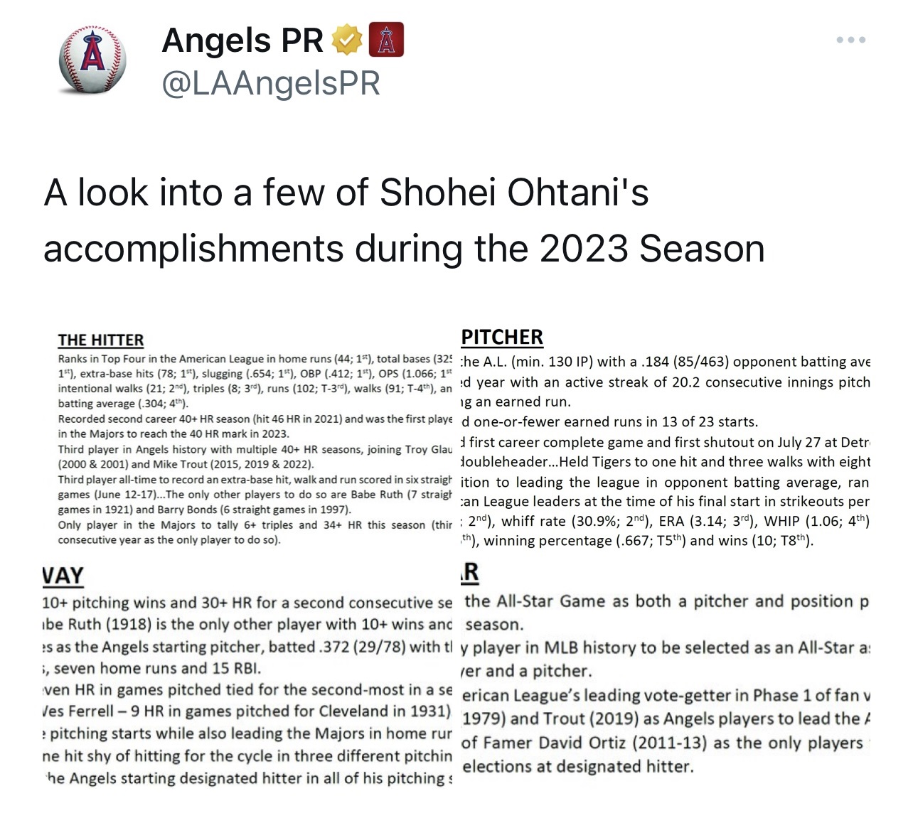 大谷翔平が今季達成した主な記録を列挙したエンゼルス広報のX（エンゼルス広報のX（旧Twitter）から)