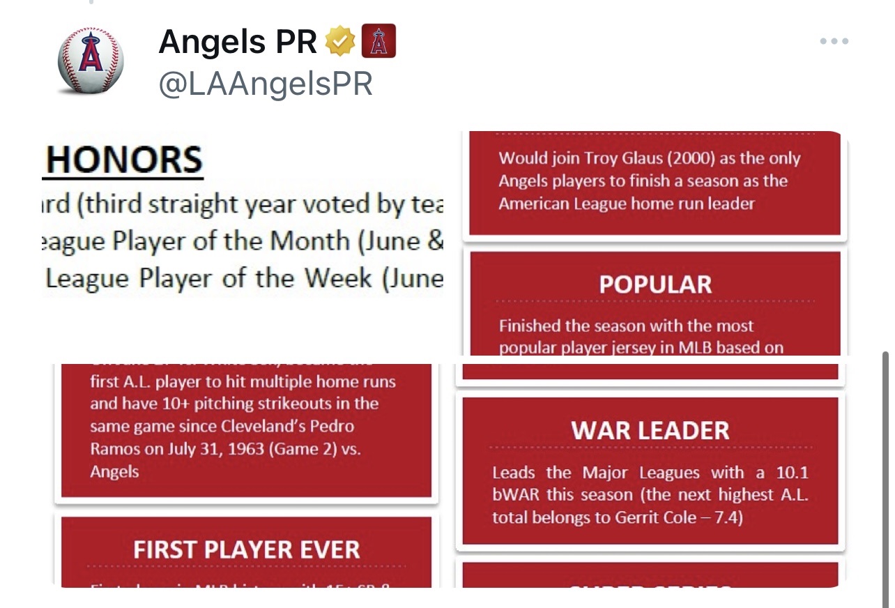 大谷翔平が今季達成した主な記録を列挙したエンゼルス広報のX（エンゼルス広報のX（旧Twitter）から)